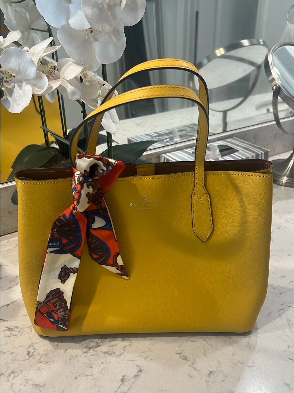 kate spade Yellow Leather Tote with Printed Scarf Accent